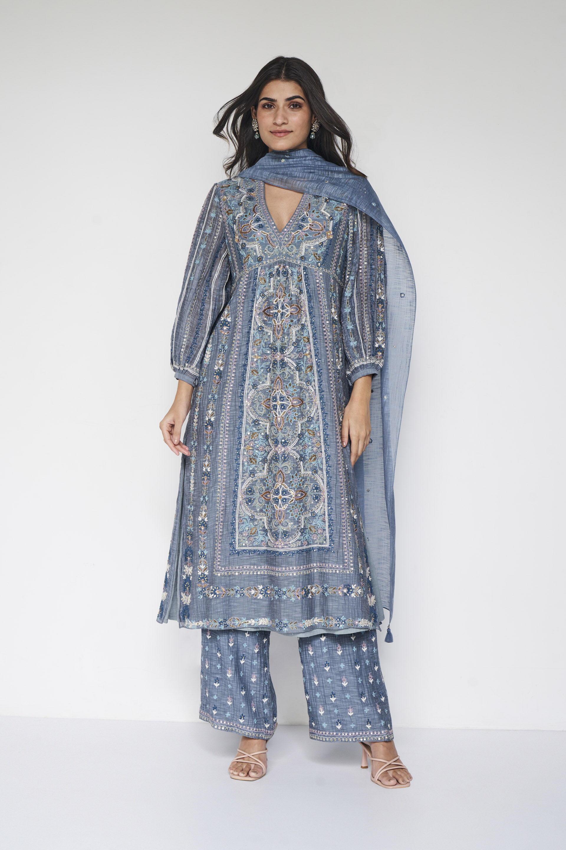 Sabela SEWA Hand-embroidered Mul Suit Set - Slate Grey