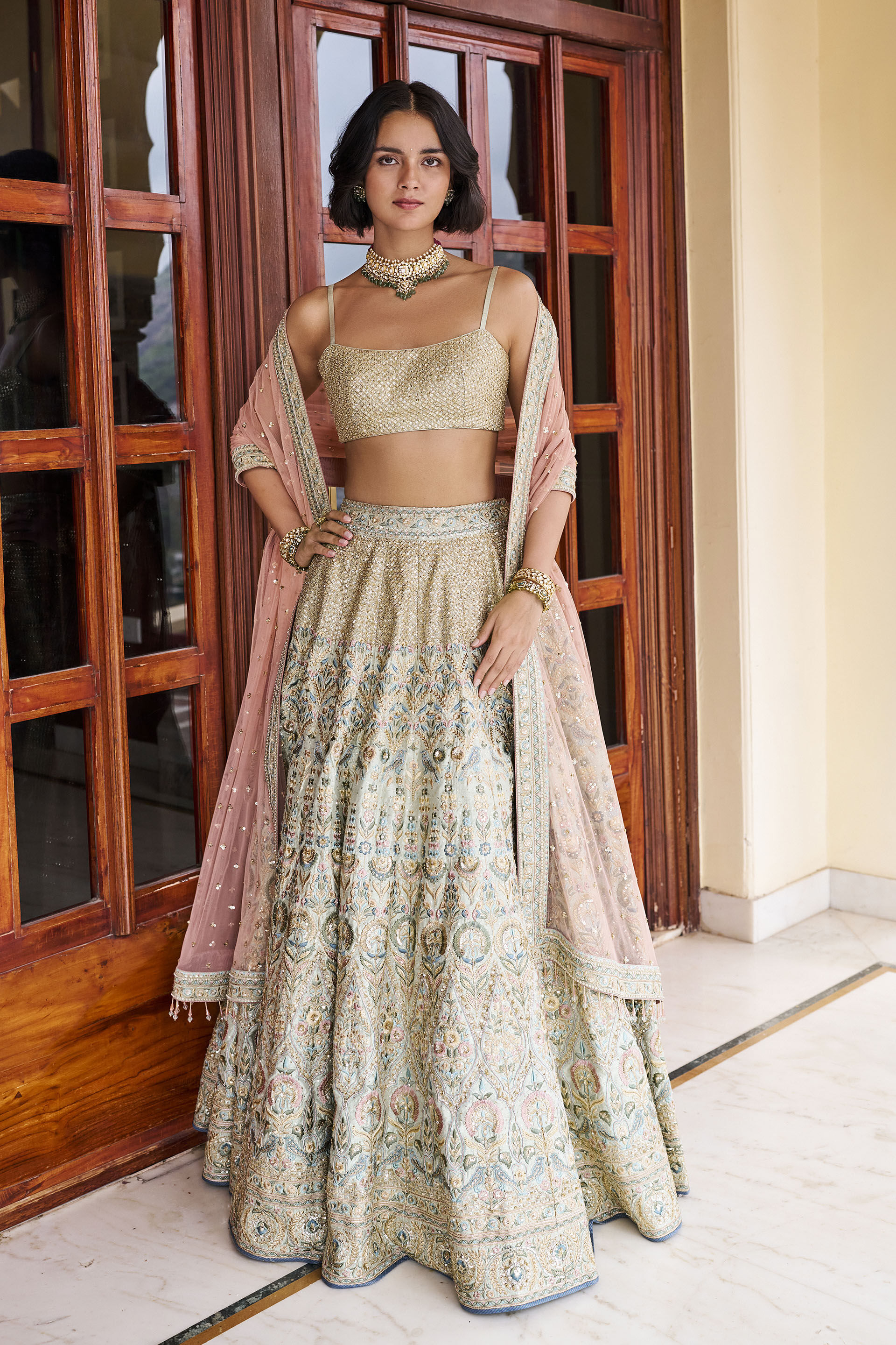 Delight Embroidered Zardozi Silk Lehenga Set - ​Sage