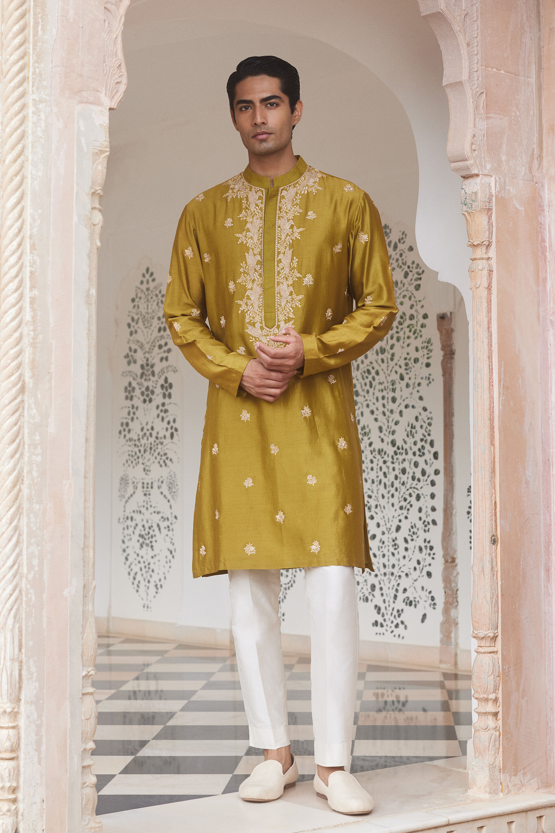 Jagan Embroidered Silk Kurta  - Lime