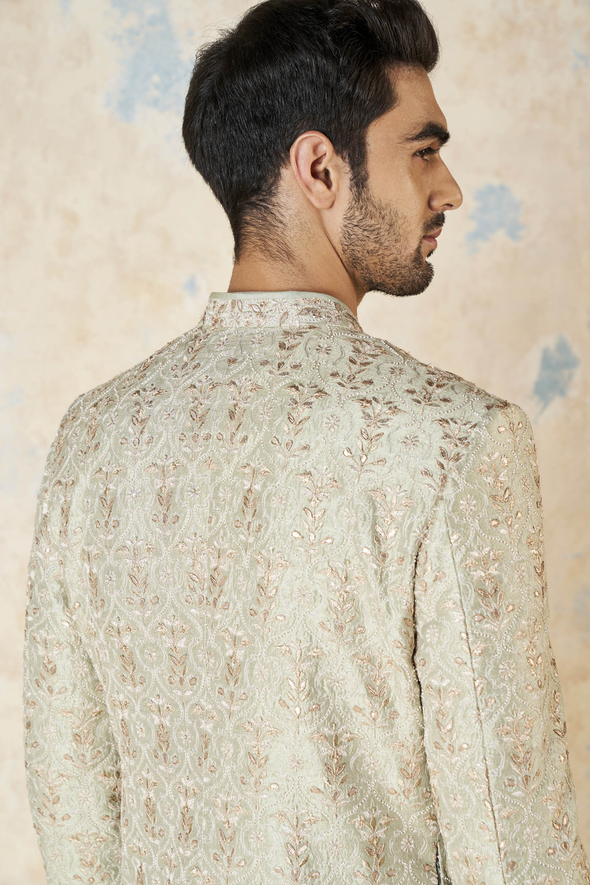 Devarsh Gota Patti & Aari Silk Sherwani - Sage, Sage, image 8