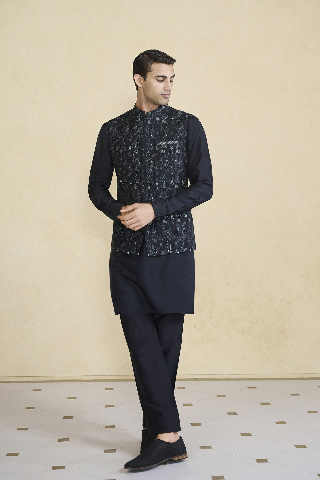 Buy Edhas Embroidered Printed Silk Nehru Jacket Black Online