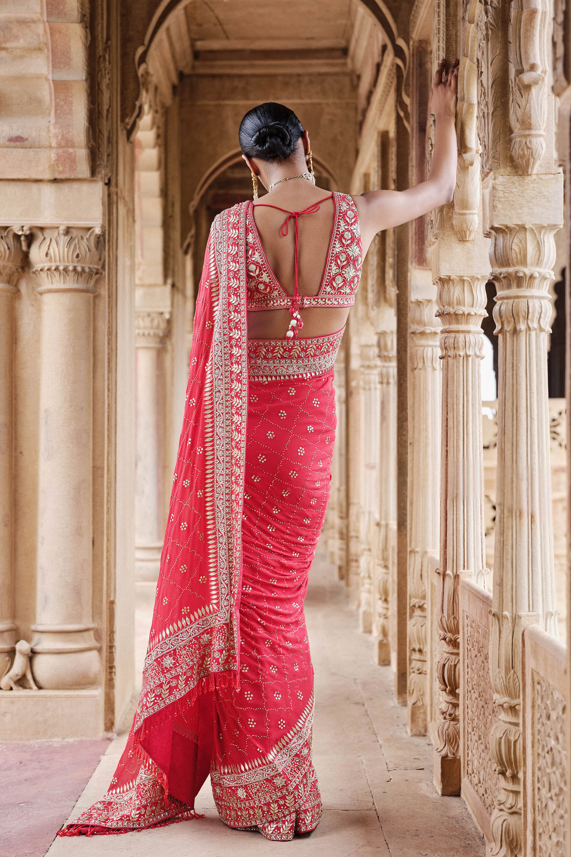 Anushna Handcrafted Badla Georgette Saree - Red