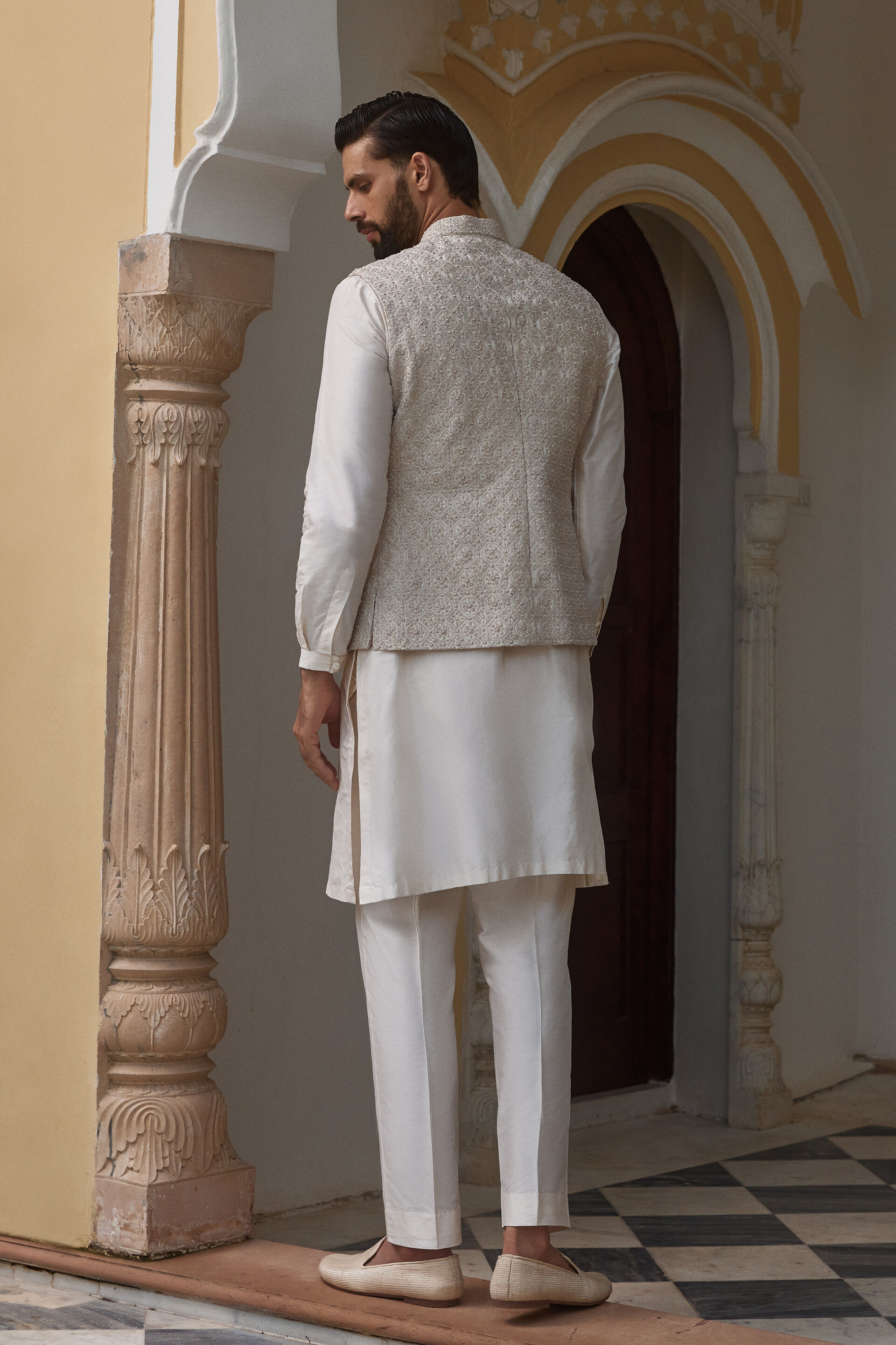 Chaital Embroidered Silk Nehru Jacket - Ivory