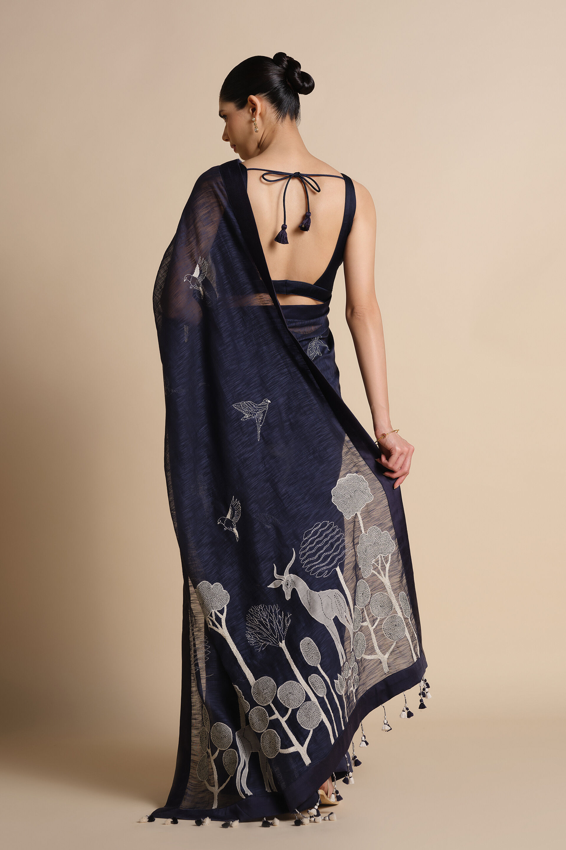 Shahaf Hand-embroidered Kantha Saree - Indigo, Indigo, image 2