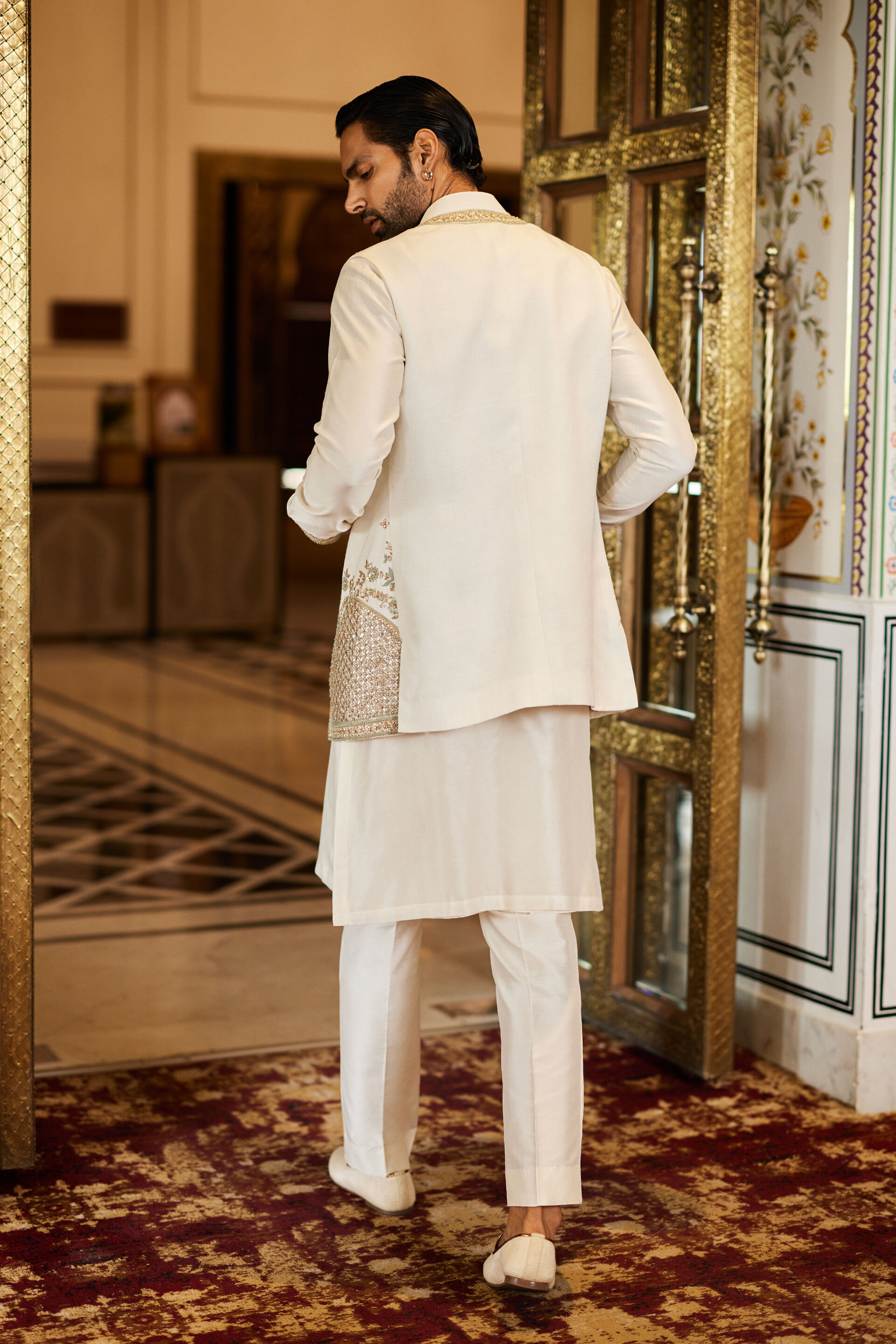 Saaket Gota Patti Silk Nehru Jacket - Ivory