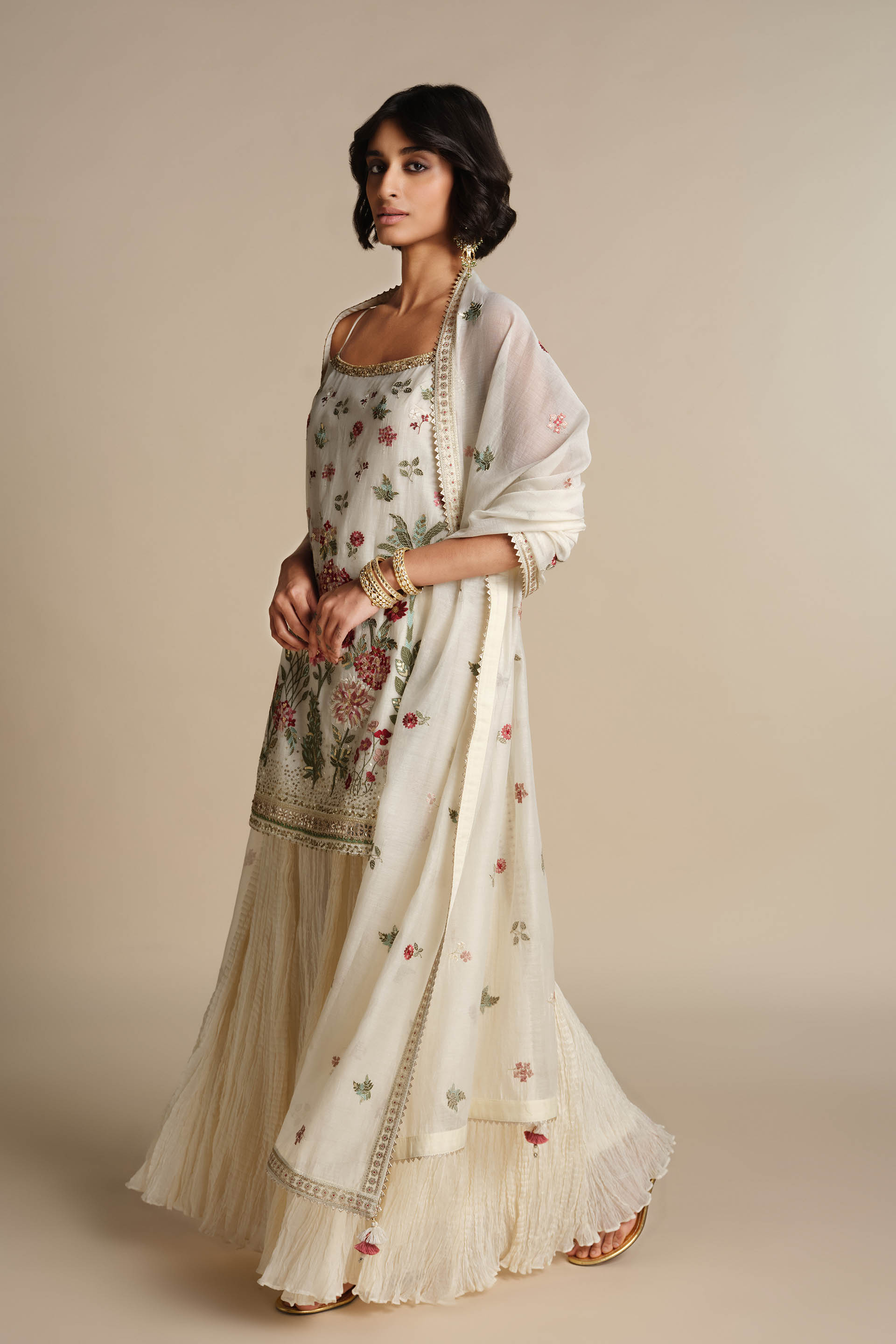 Alazne Embroidered Mul Sharara Set - Ivory, Natural, image 2