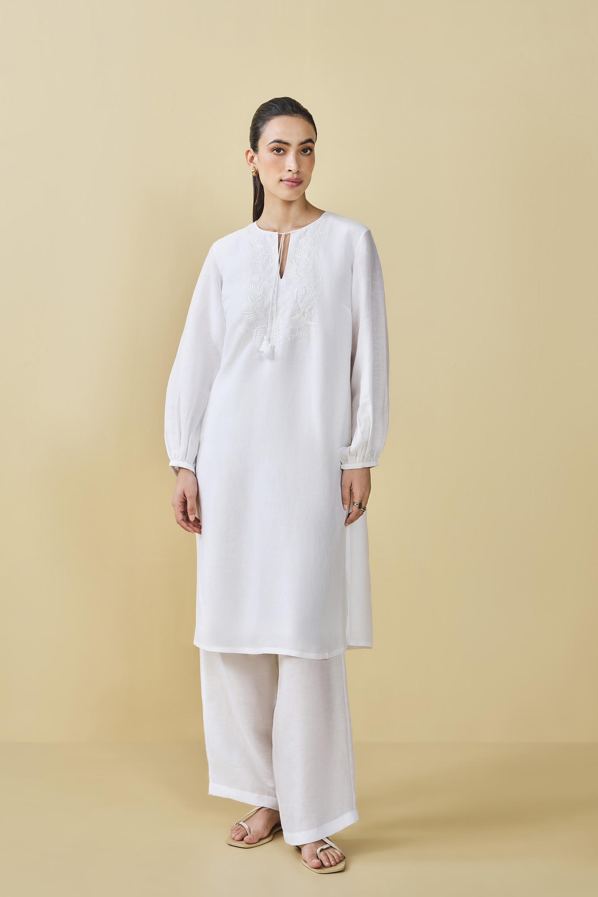 Cloud Sky Hand-embroidered Chikankari Linen Co-ord - White, White, image 1