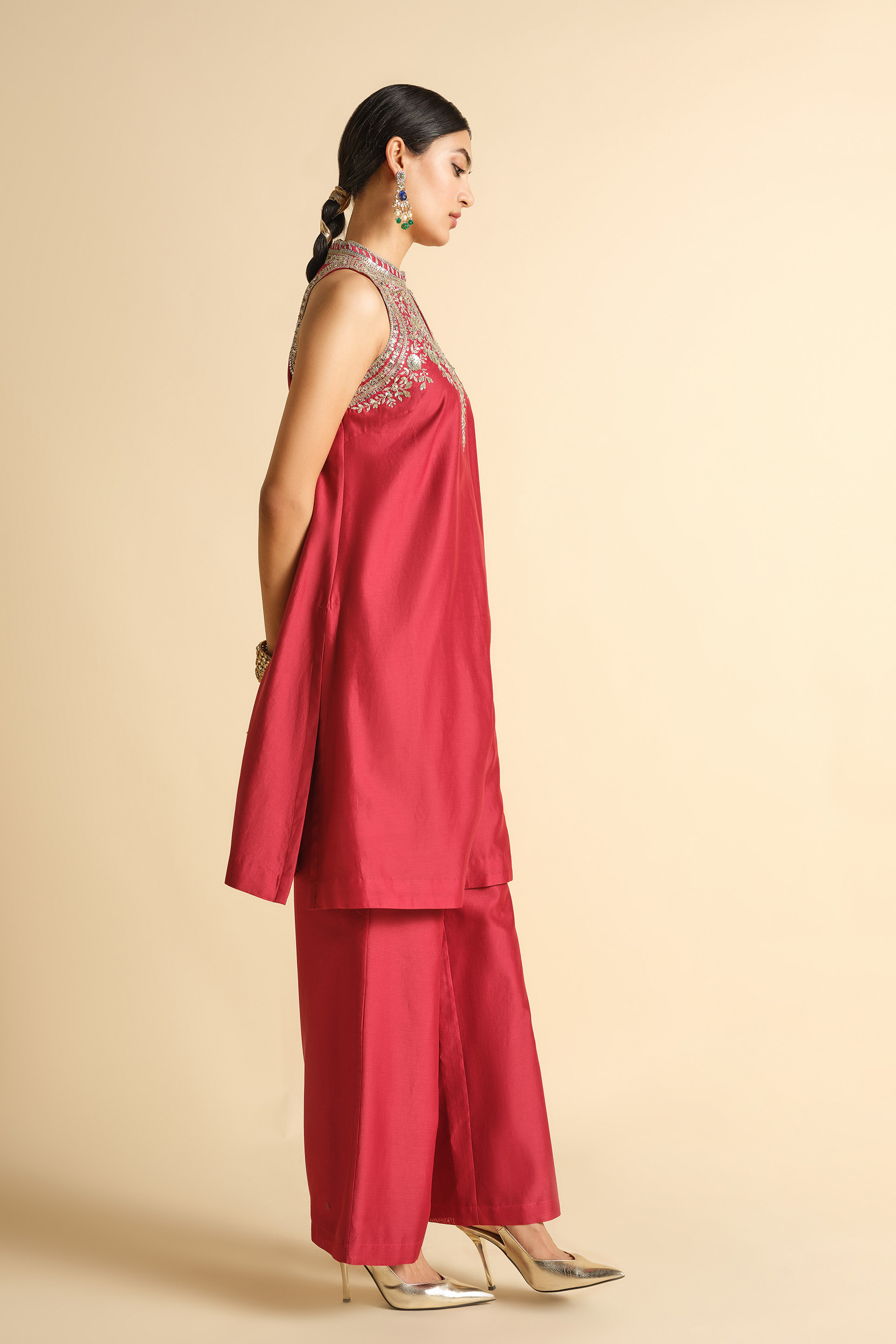 Rakavi Embroidered Cord Silk Kurta Set - Red, Red, image 2