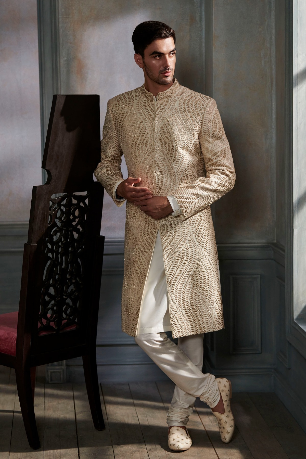 White and gold sherwani discount
