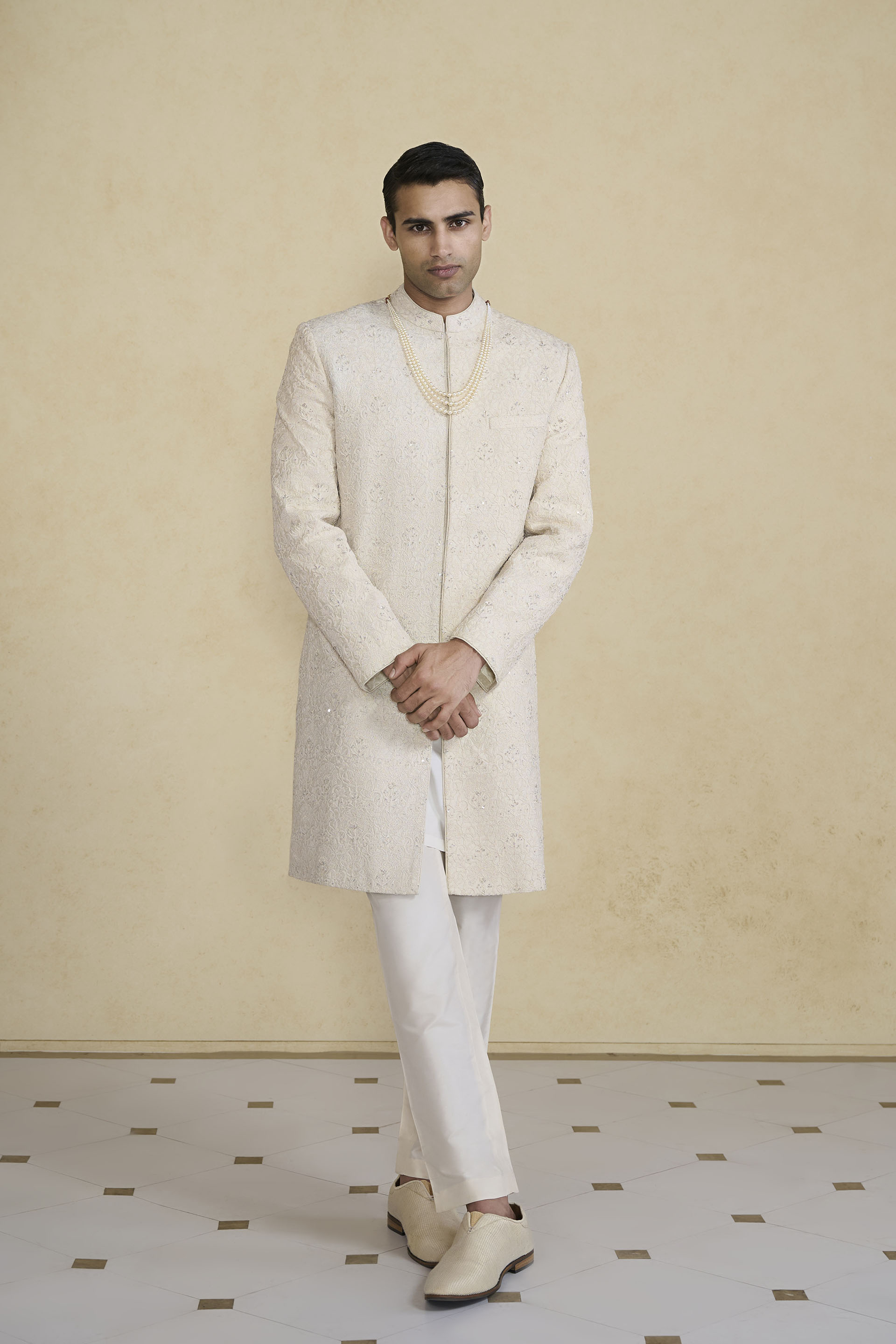 Lokit Hand-embroidered Silk Sherwani - Ivory, Ivory, image 1