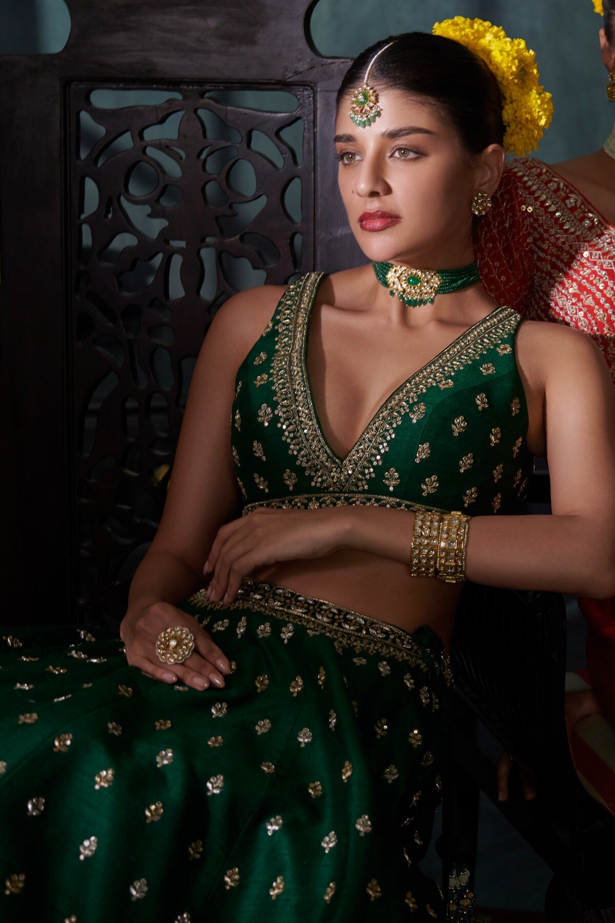 Emerald Green Silk Lehenga With Nude Bralette - The Little Black